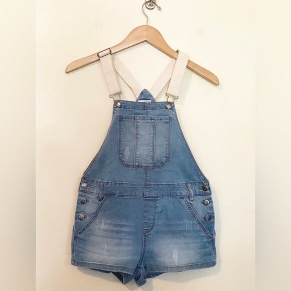Bongo Distressed stretch denim jean shorts Shortalls Short overalls juniors 1 S - Picture 2 of 6